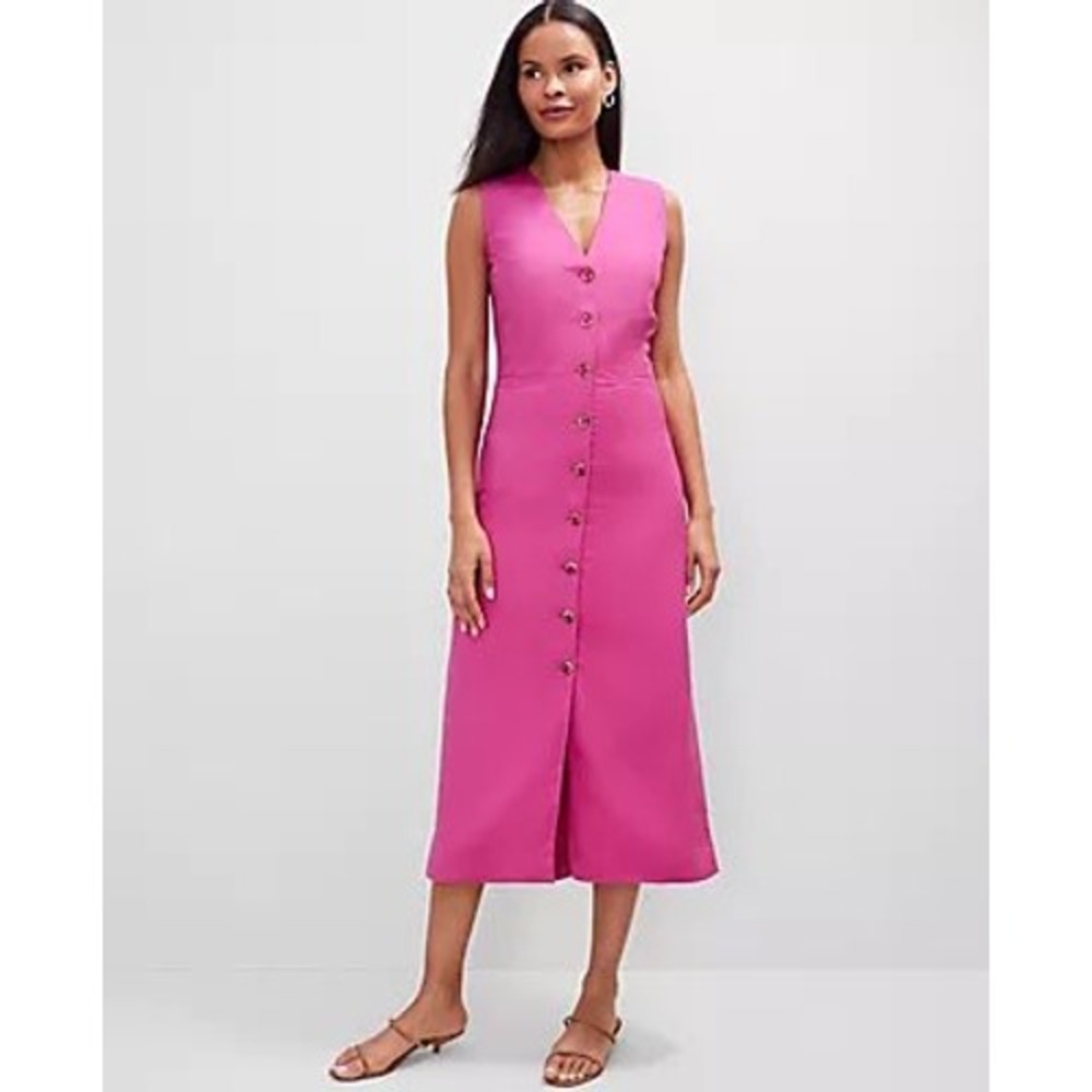 Ann Taylor Fuchsia Pink Linen Blend Button Front Sleeveless Midi Dress Size 14 - Picture 1 of 13